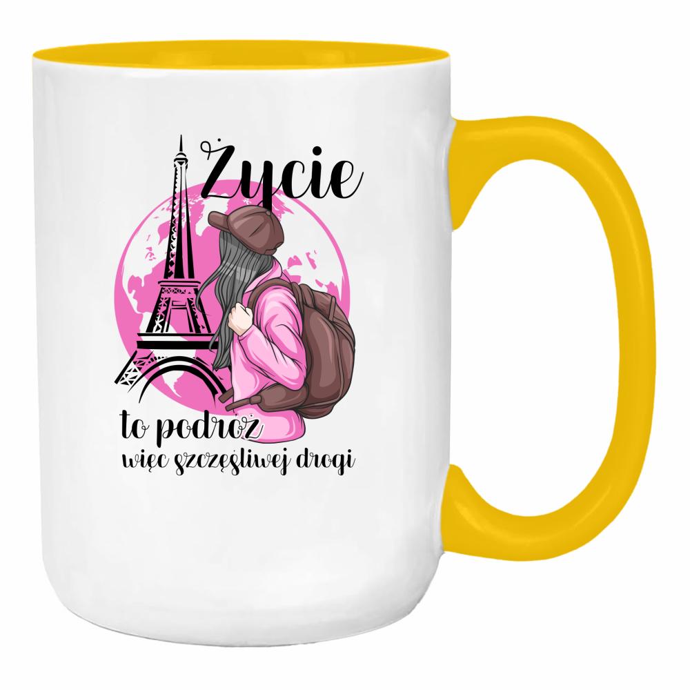 Życie to podróż, więc szczęśliwej drogi duży kubek ucho kolor kolor żółty