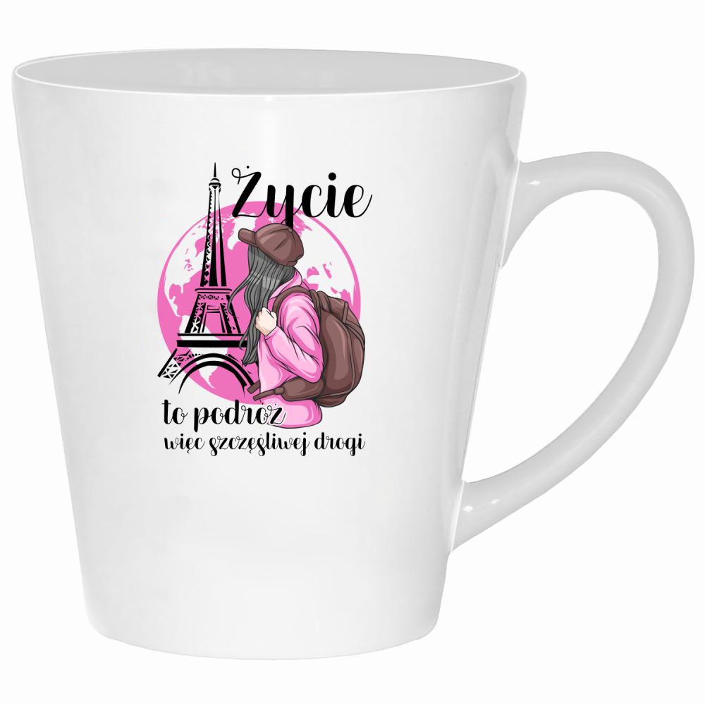 Życie to podróż, więc szczęśliwej drogi kubek latte kolor biały