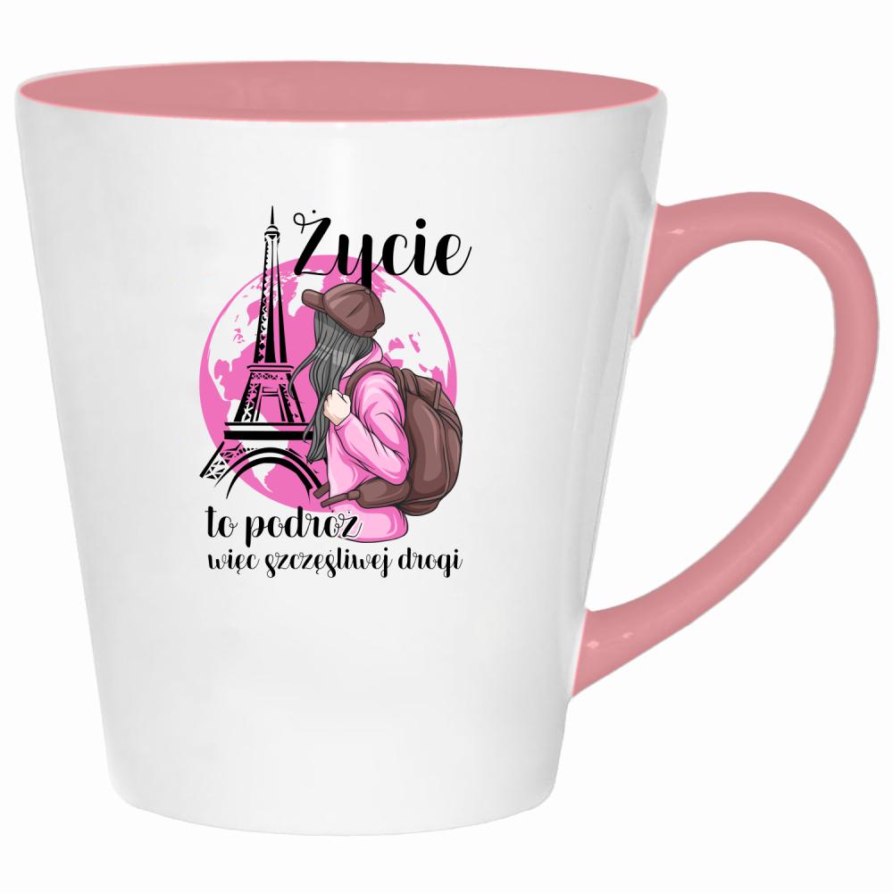 Życie to podróż, więc szczęśliwej drogi kubek latte kolor pink