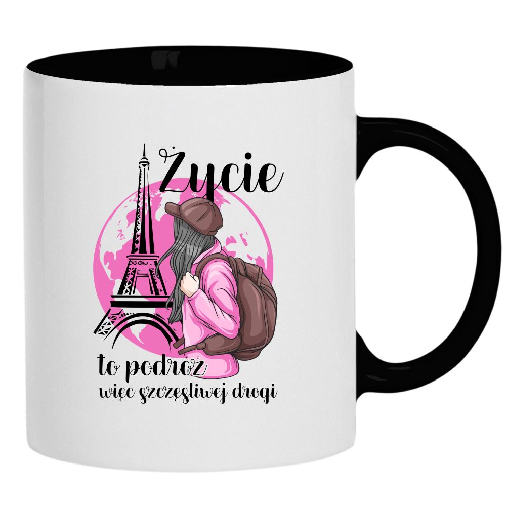 Życie to podróż, więc szczęśliwej drogi kubek ucho kolor kolor czarnyy