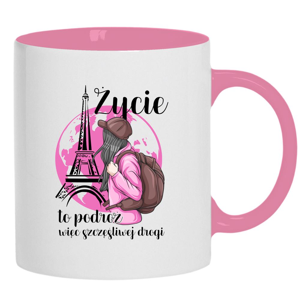 Życie to podróż, więc szczęśliwej drogi kubek ucho kolor kolor różowy