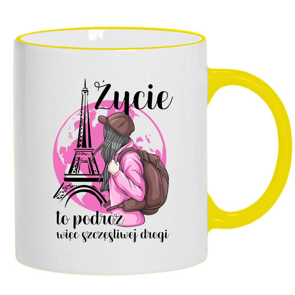 Życie to podróż, więc szczęśliwej drogi kubek żółty uchwyt i rant kolor żółtyy