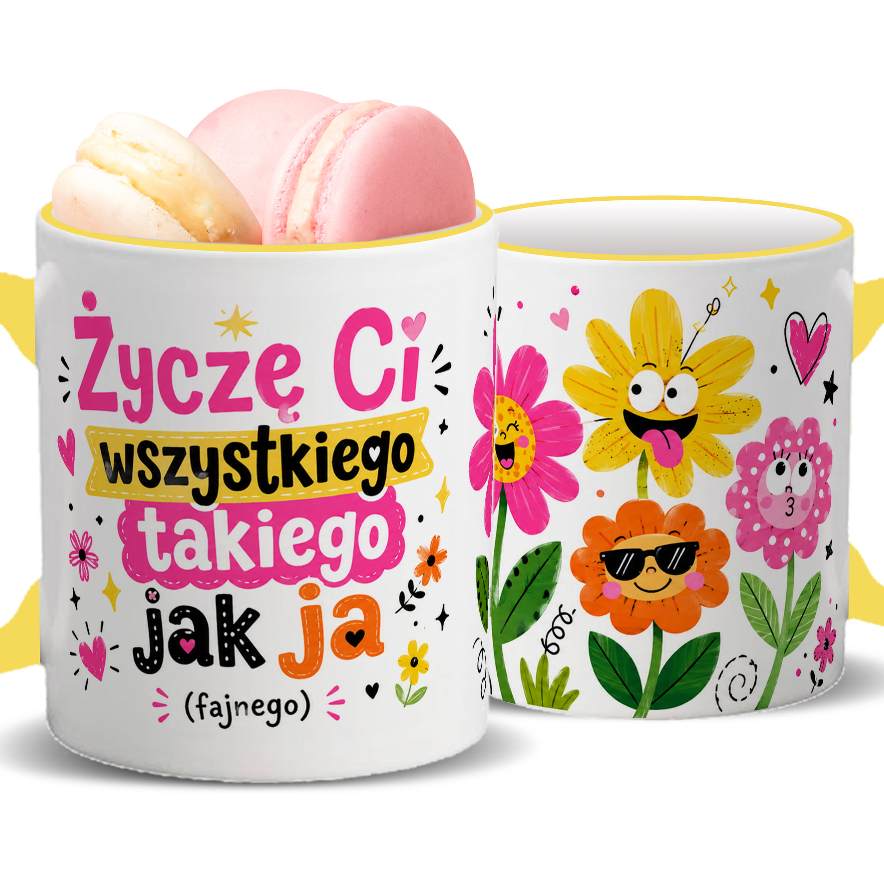 Życzę Ci wszystkiego takiego jak ja kubek żółty uchwyt i rant